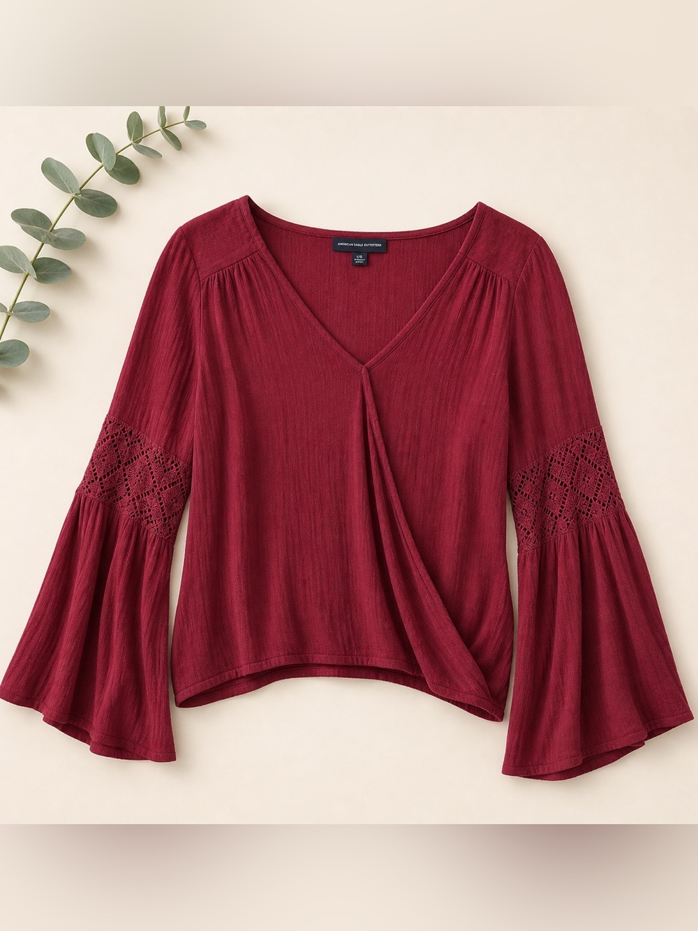 American Eagle Boho Blouse Bell Sleeve Crochet Detail Burgundy Size Large